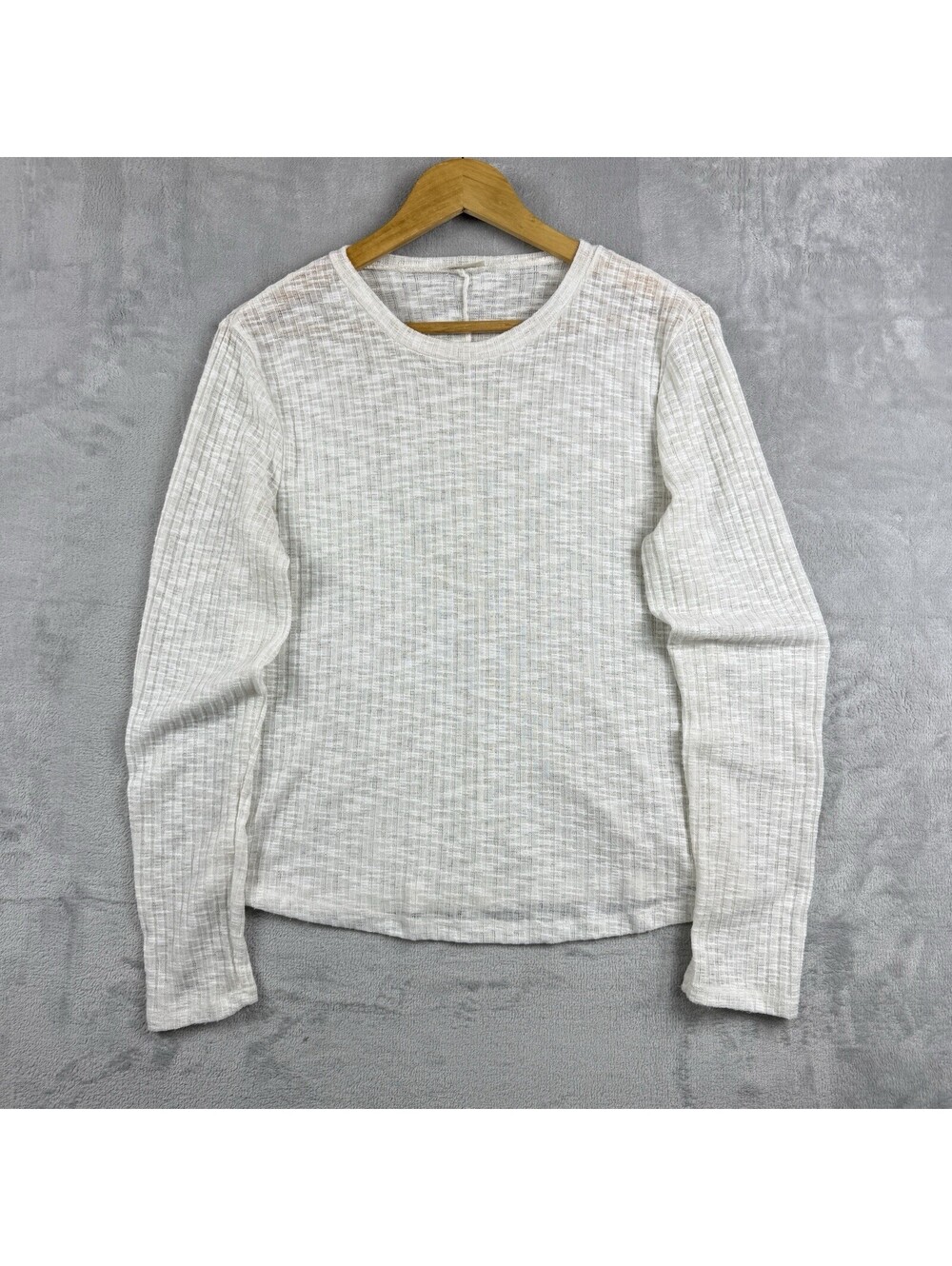 Free People White Sheer Waffle Knit Long Sleeve Top Lightweight Layering Size L
